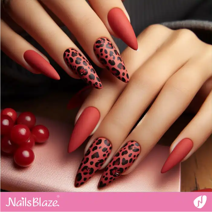 Matte Red Nails with Leopard Print Design | Animal Print Nails - NB2585
